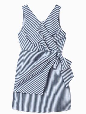 HABITUAL - Girl's Blue and White Striped Draped Mock Wrap Dress - Size 7/8